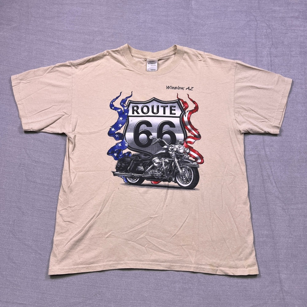 Gildan Route 66 Motorcycle T‎ Shirt Mens Large Tan Heavy Cotton Graphic Tee